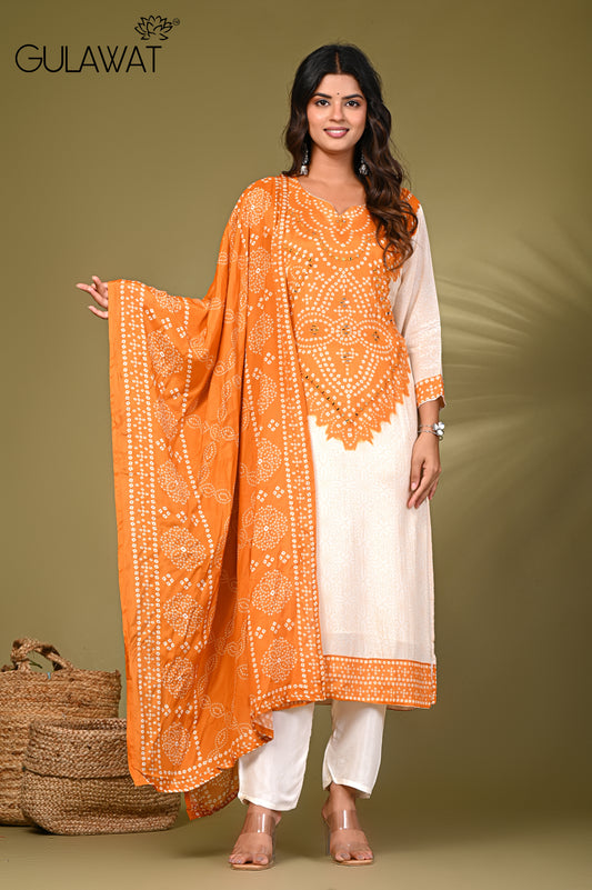 Women Pure Cotton Orange Kurti & Pant with Dupatta 3-Piece Set by Gulawat