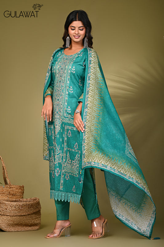 Turquoise Blue Floral Printed Women's suit 3-Piece Set Kurta With Trousers & Dupatta by Gulawat