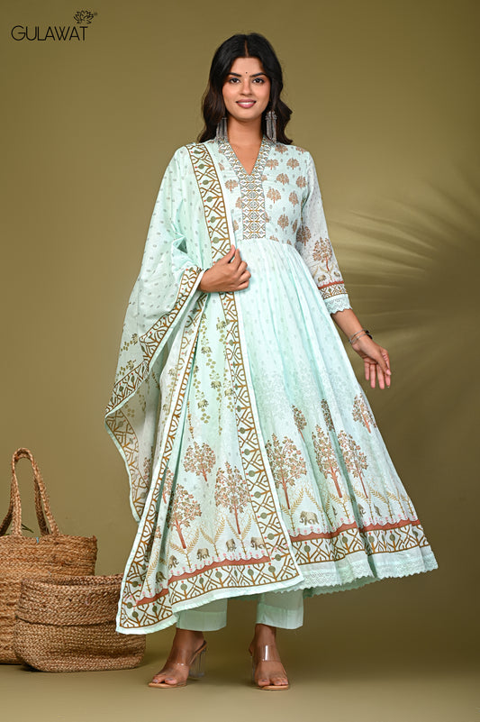 Gulawat mul Cotton Anarkali Kurta pant Suit Set 3 Piece Frock Kurta-Suit