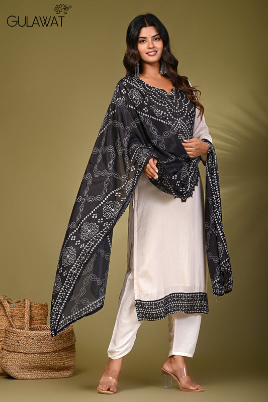 Women's Viscose Bandhani Print Embroidered Straight 3-Piece Kurta||By Gulawat